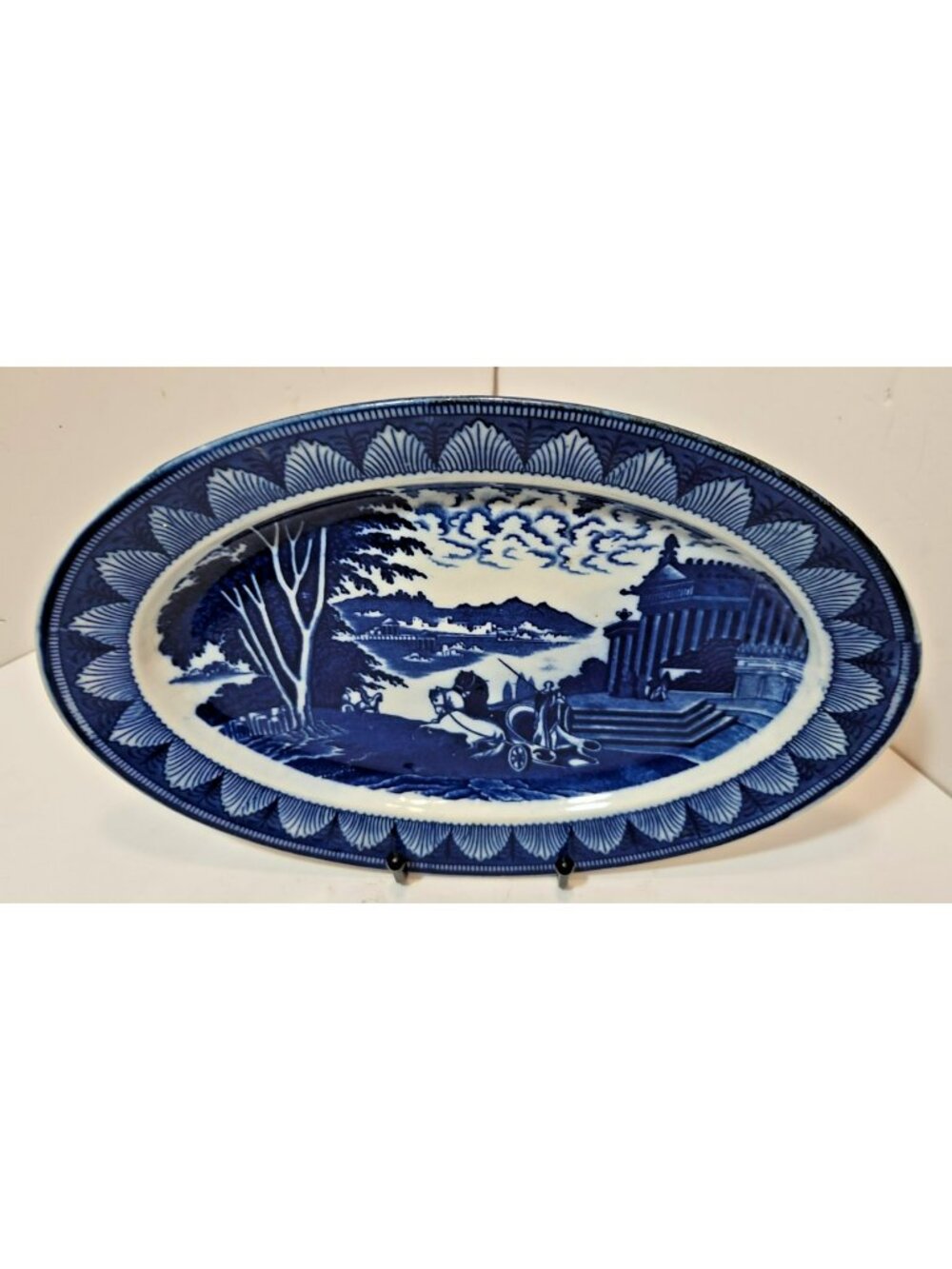 Antique Blue Transferware Oval Platter Made in Japan 9”X12” Republic Scene - Picture 2 of 13